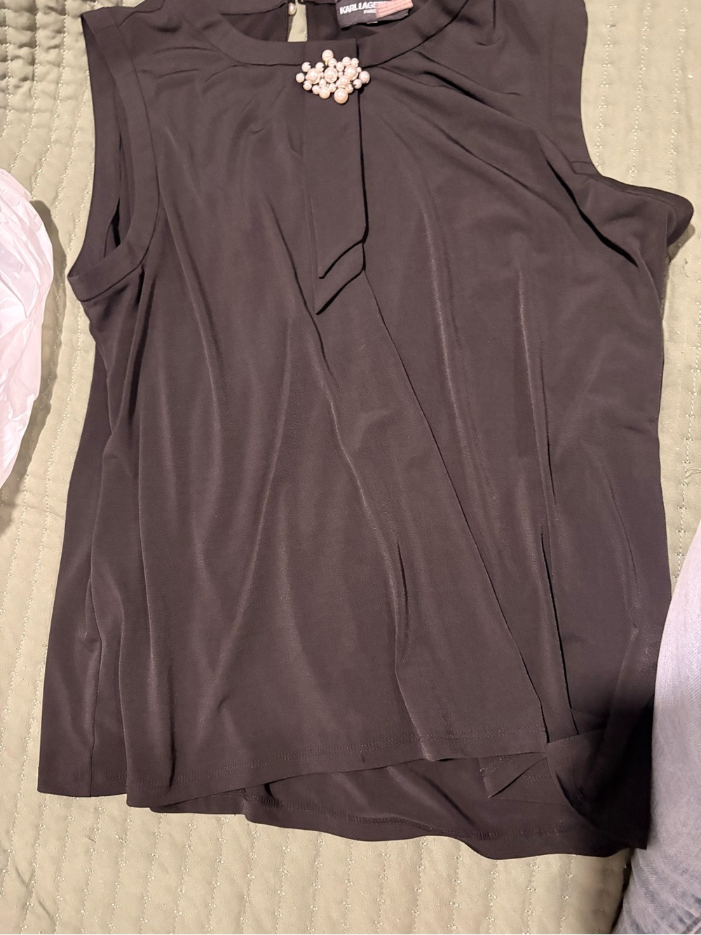 Karl Lagerfeld black  Sleeveless Draped Camisole with Pearl Accent